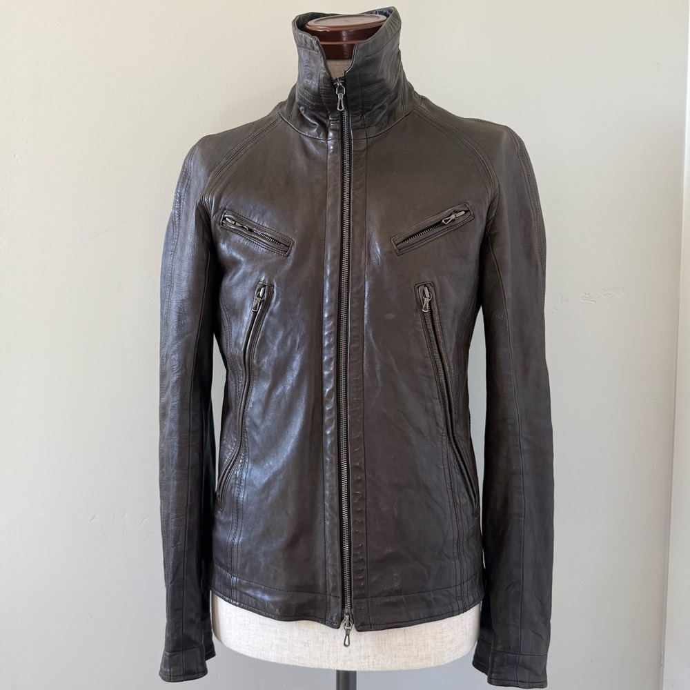 Julius men's brown cowl/high-neck leather jacket, Size 1 (~XS)